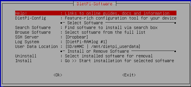 DietPi setup menu window