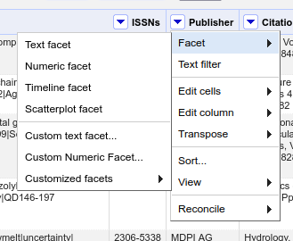 OpenRefine menus showing facet options