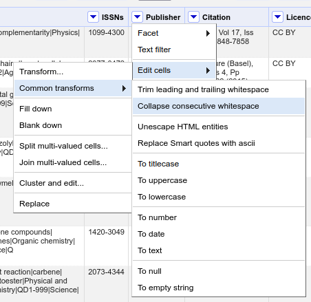 OpenRefine menus showing cell transformation options