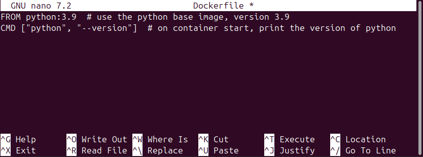 terminal window showing contents of Dockerfile in nano editor